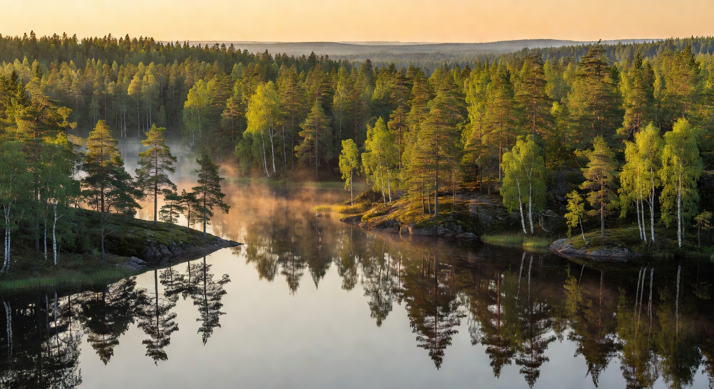Finnish lake panoramic landscape at dawn
