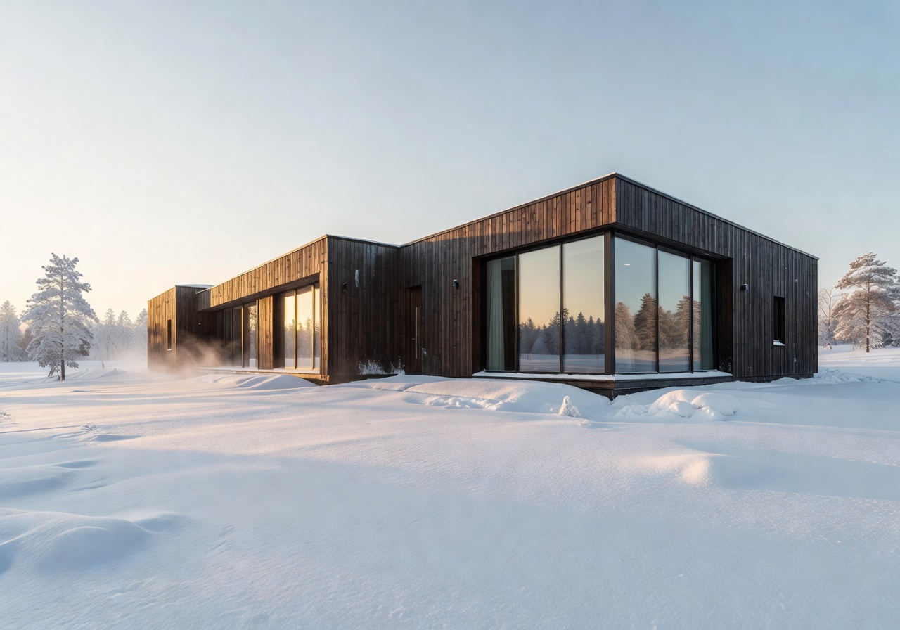 Finnish luxury hotel exterior with snowy landscape