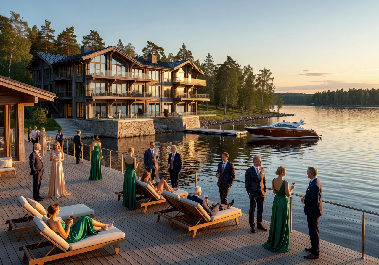 Lake Saimaa luxury lakefront resort at sunset