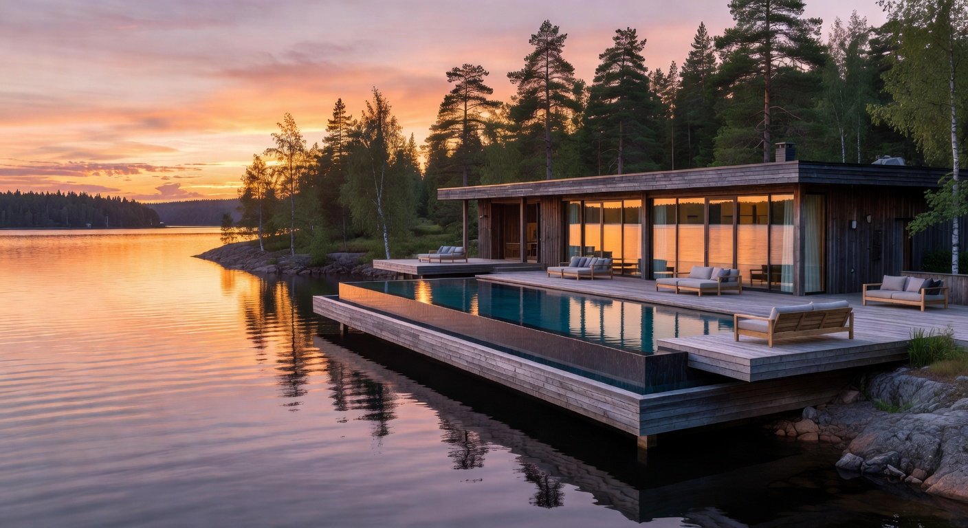 Lake Saimaa luxury resort exterior at sunset
