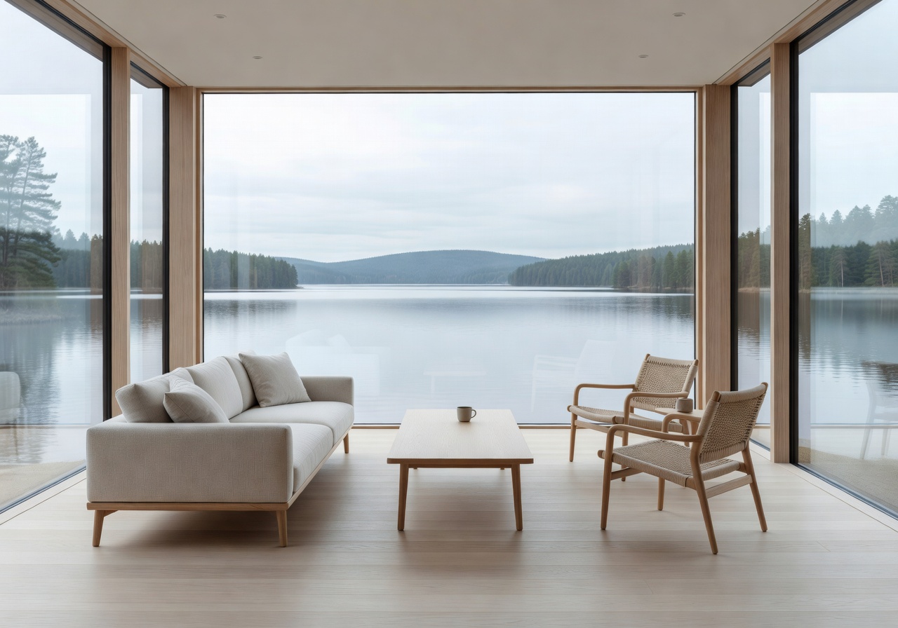 Lake-view glass suite with Nordic interior