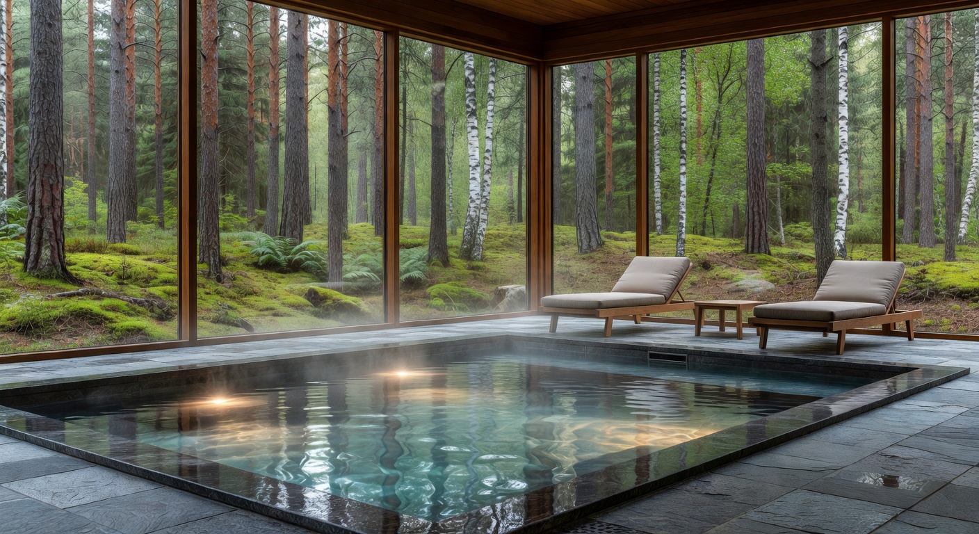 Luxury Finnish spa with heated pool and forest view