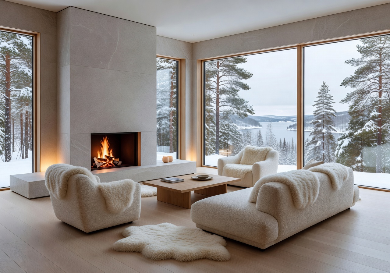 Luxury Nordic suite interior with fireplace and view