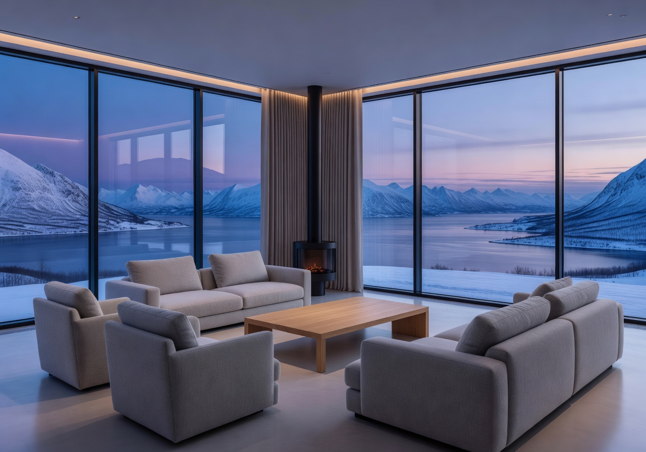 Luxury Nordic VIP suite with panoramic glass windows