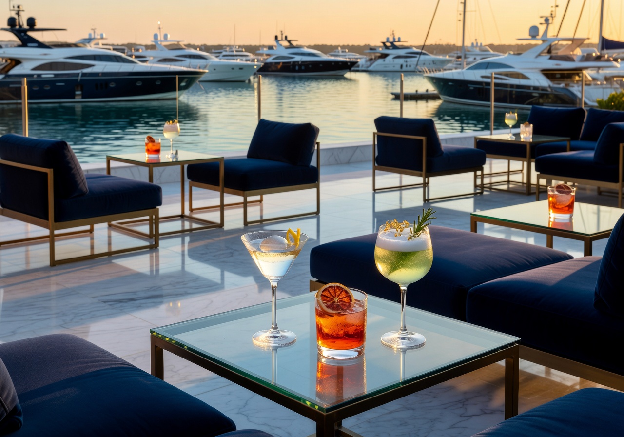 Marina rooftop lounge with luxury cocktails