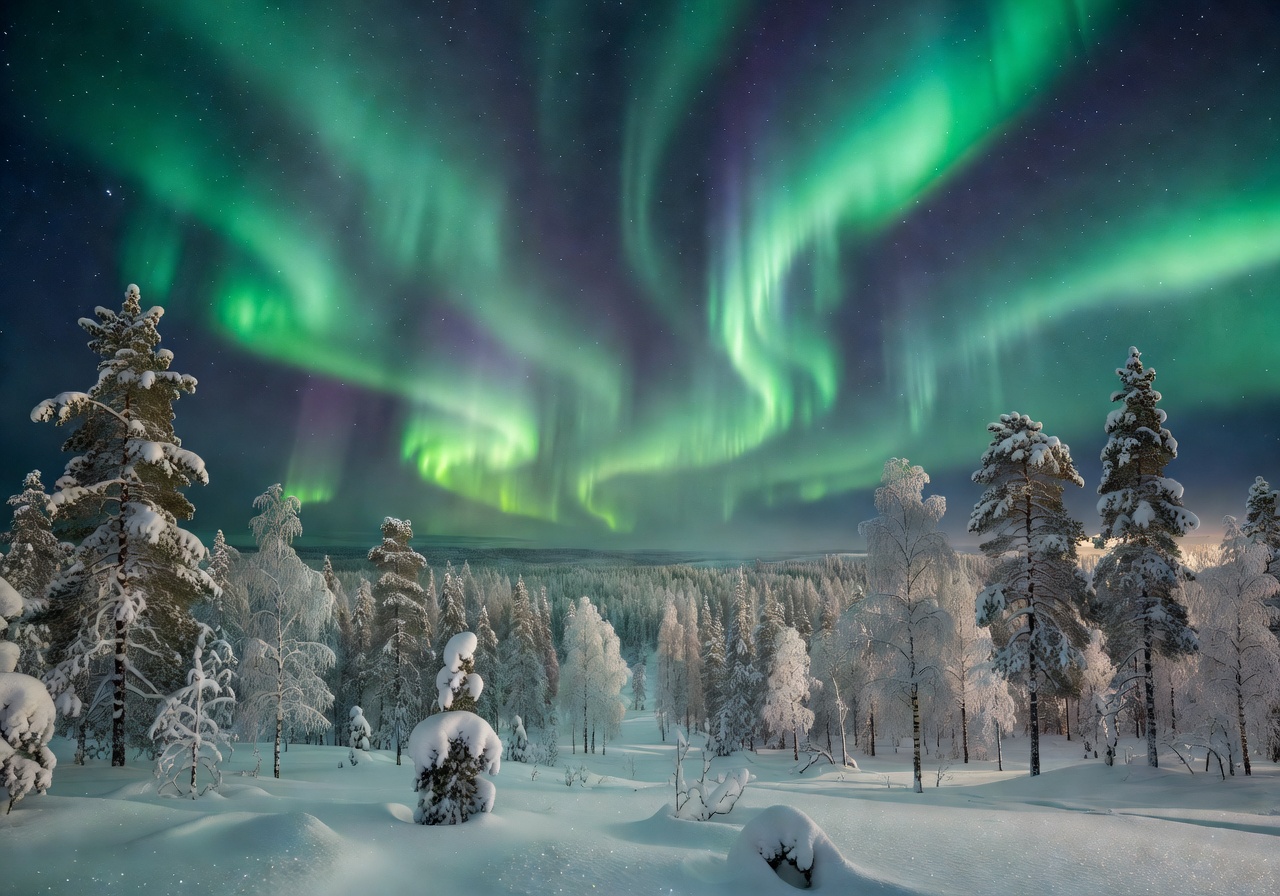 Northern Lights aurora over snowy Lapland forest
