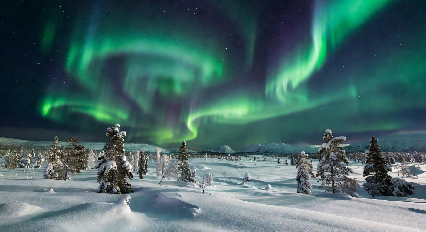 Northern Lights aurora over snowy Lapland