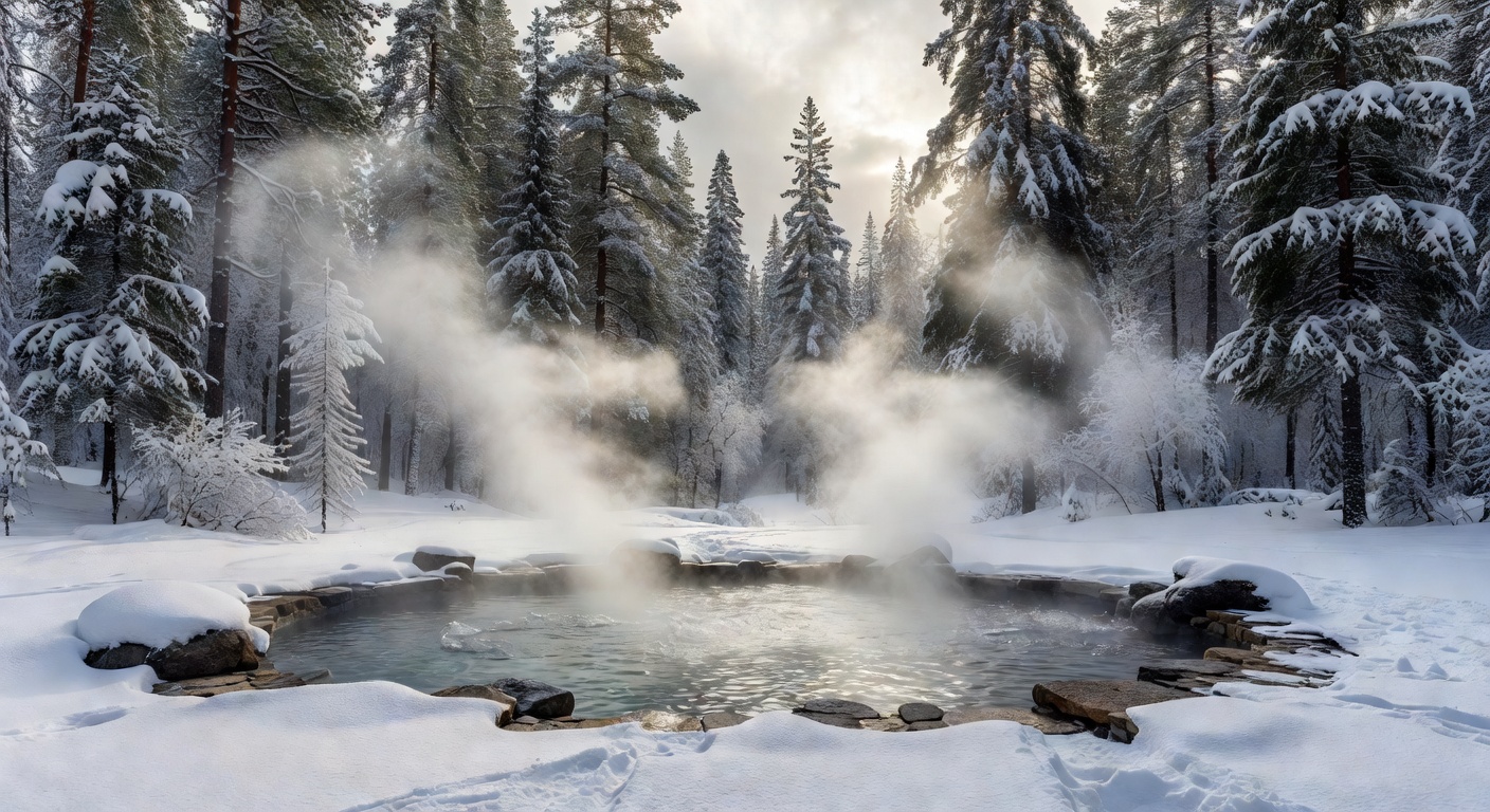Steaming outdoor spa pool surrounded by snow forest